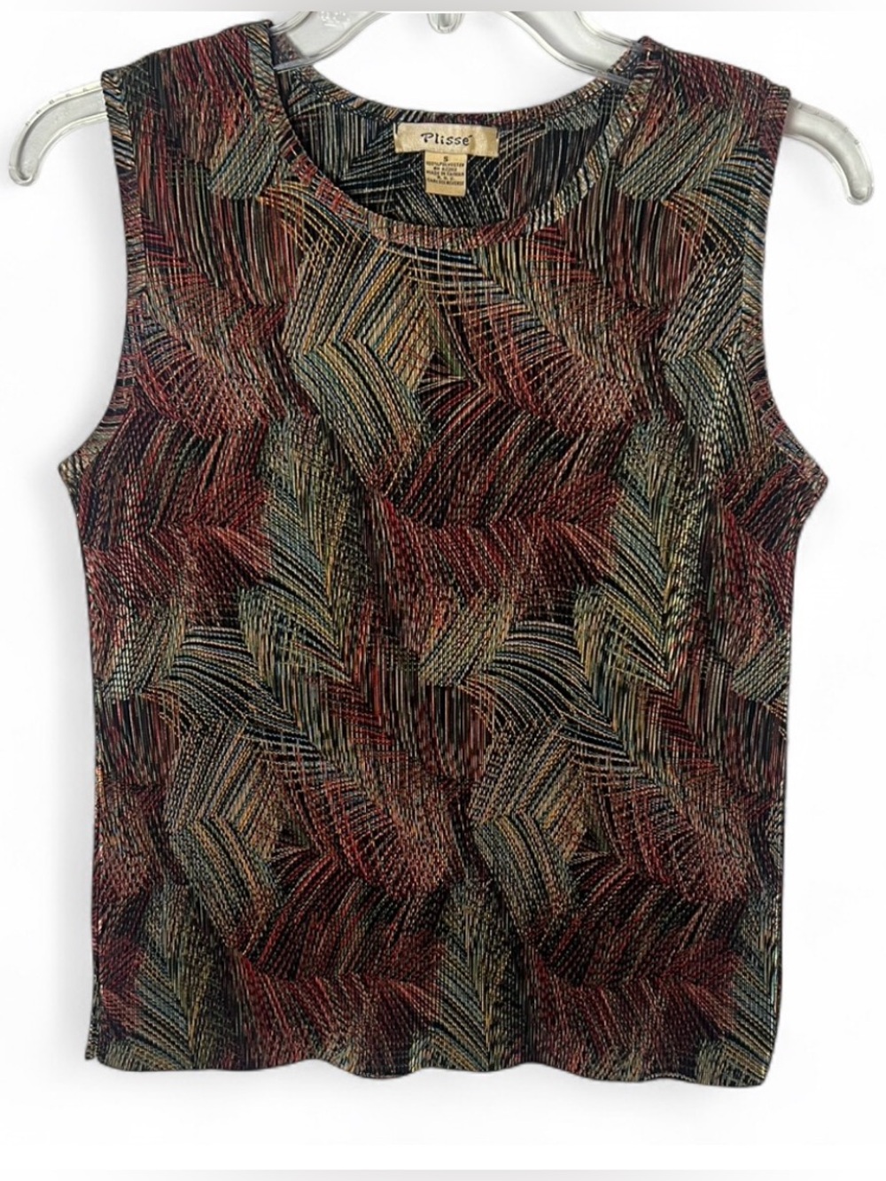 Vintage Plisse Pleated Leaf Print Tank Top Grunge Vacation Tropical Size Small